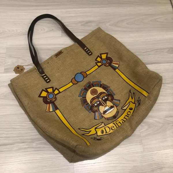Ethnic-Print Jute Beach Tote