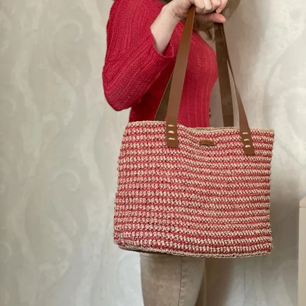 Red-Beige Blended Crochet Tote