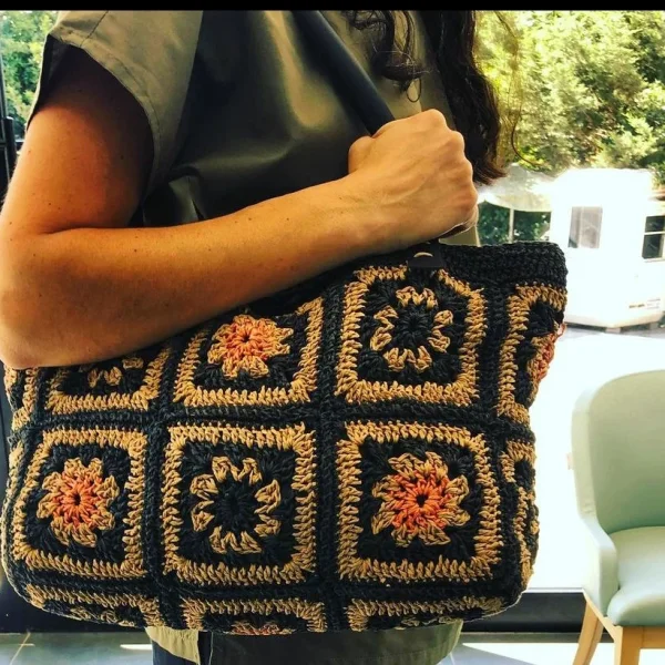 Black & Orange Floral Granny Square Tote
