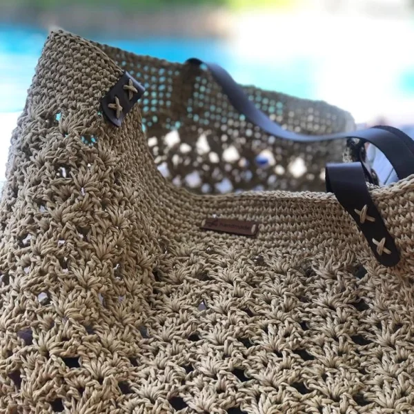 Khaki Open-Weave Crochet Beach Bag