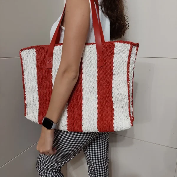 Red Striped Woven Straw Beach Tote