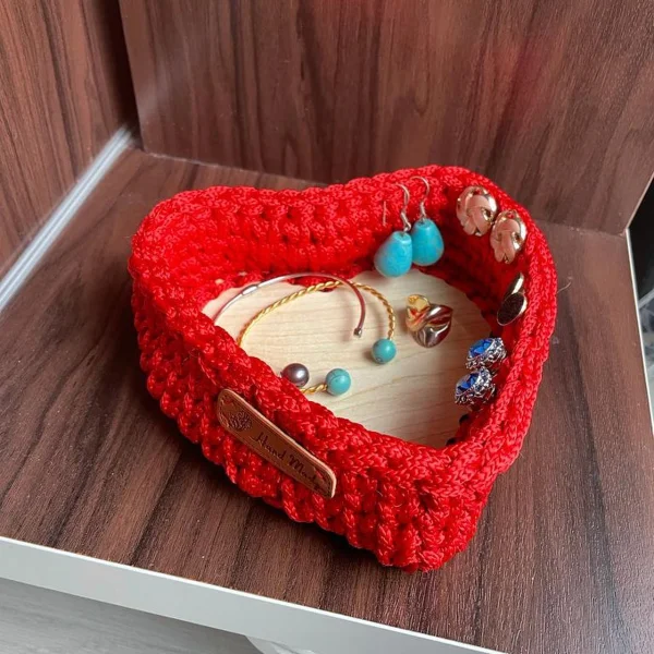 Heart-Shaped Red Crochet Jewelry Organizer