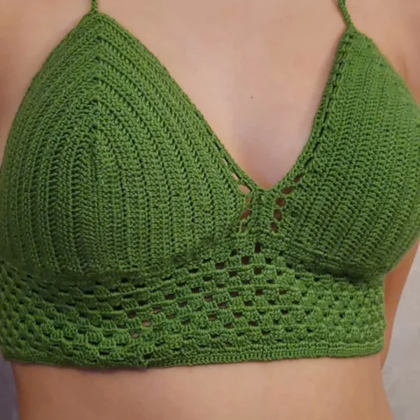Yeşil V Yaka El Örgüsü Bralet Top
