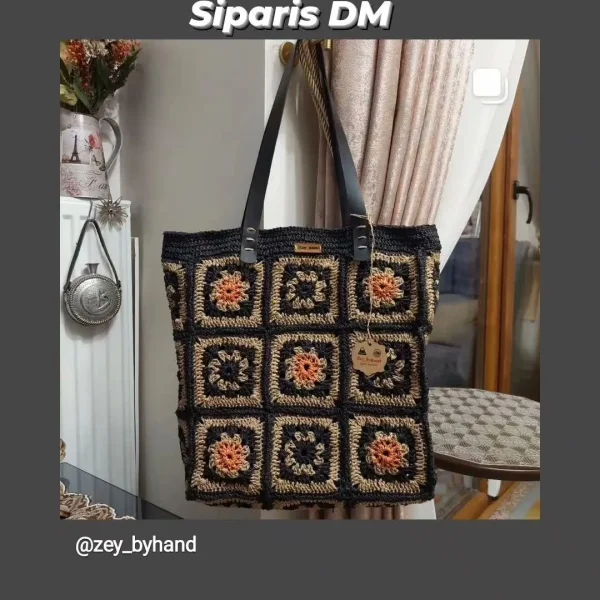 Siyah Bej Kareli Nokta Desenli Tote Çanta
