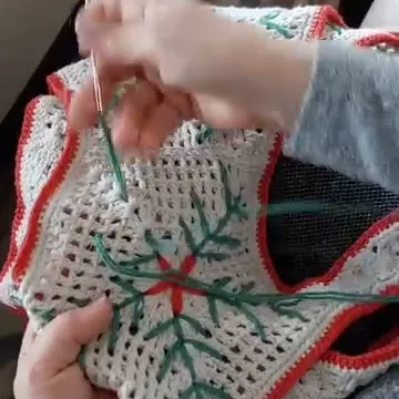 Red-Trimmed Embroidered Crochet Vest