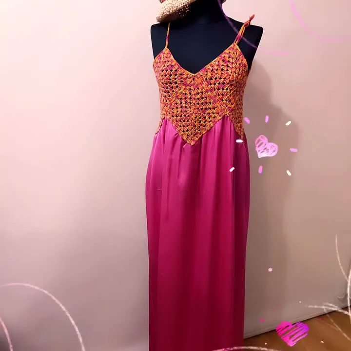 Turuncu Bodurlü Fuşya Maxi Elbise ve Şapka Seti