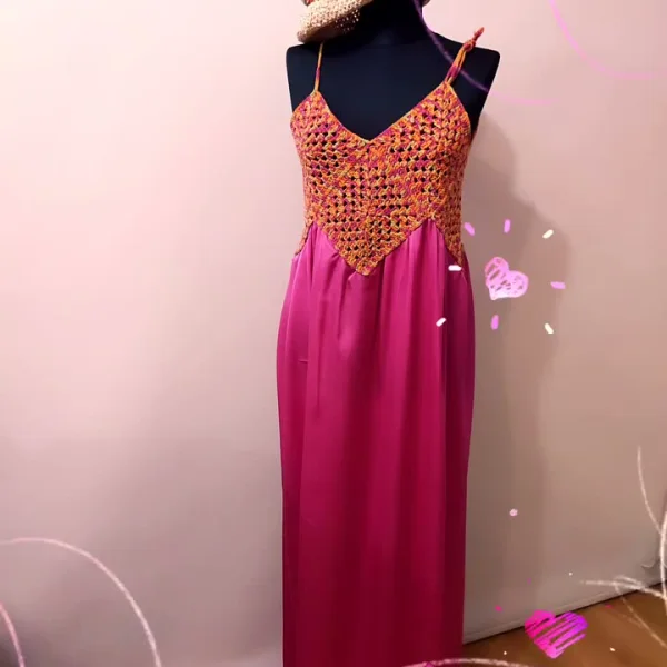 Turuncu Bodurlü Fuşya Maxi Elbise ve Şapka Seti
