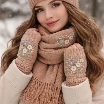 Çiçek Nakışlı Bere Atkı Eldiven Kış Seti